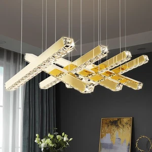 Gold Crystal Modern Linear Rectangular Chandelier 7lights Flush Mount Pendant... - Picture 1 of 7