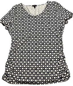 Talbots Women’s Large Top Scoop Neck Rouching Short Sleeve Black White Casual - Picture 1 of 10