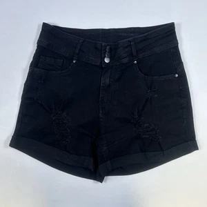 Black High-Waisted Denim Shorts – Triple Button Distressed Y2K Style Medium - Picture 1 of 6