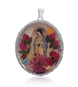 Ciondolo Cristallo Vergine Guadalupe, 2 lati, medaglione religioso ovale, grande - Foto 1 di 3
