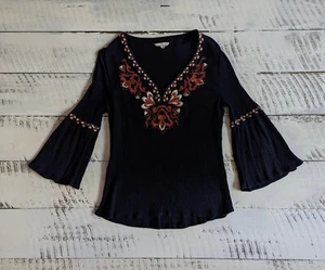Entro Size XS/S Navy Blue Gauzy Boho Embroidered Flower Bell Sleeve Top - Picture 1 of 6