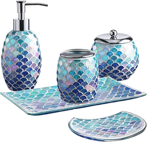 Bathroom Accessory Set - 5-Piece Decorative Glass Bathroom Accessories Sets with - Picture 1 of 12