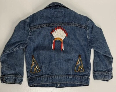 Chaqueta Jean De Colección Años 60’s 70’s Azul Wrangler Niños Talla 5 Bordada Chief Tipi Foto 1 de 4