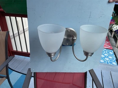 Hampton Bay Hamilton 2-Light Vanity Light Brushed Nickel Frosted Glass - Image 1 of 4