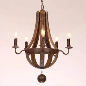 Rustic Reclaimed Wood 5-Light Chandelier – Candle Style Barrel Design - Picture 1 of 6