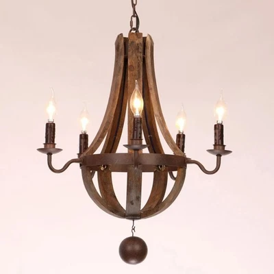 Rustic Reclaimed Wood 5-Light Chandelier – Candle Style Barrel Design - Image 1 of 4