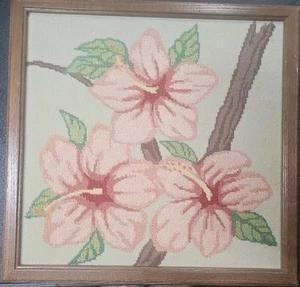 Framed Hibiscus Needlepoint Artwork Wall Hanging - Picture 1 of 9