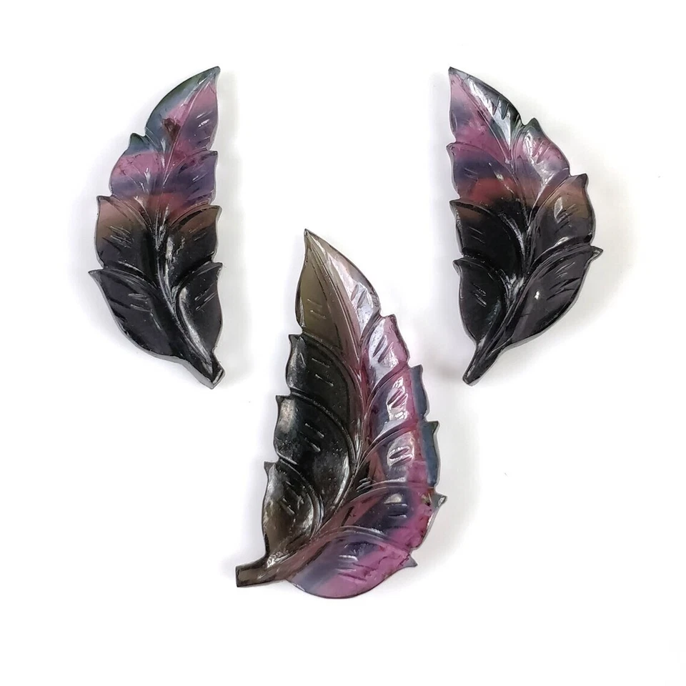 26.15cts Natural MULTI COLOR TOURMALINE Leaves Carving 28*13mm - 31*13mm 3pcs - Image 1 of 4