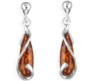 Silver Amber Earrings Cabochon Cognac Dropper Drop Stud 925 Sterling Silver - Picture 1 of 6