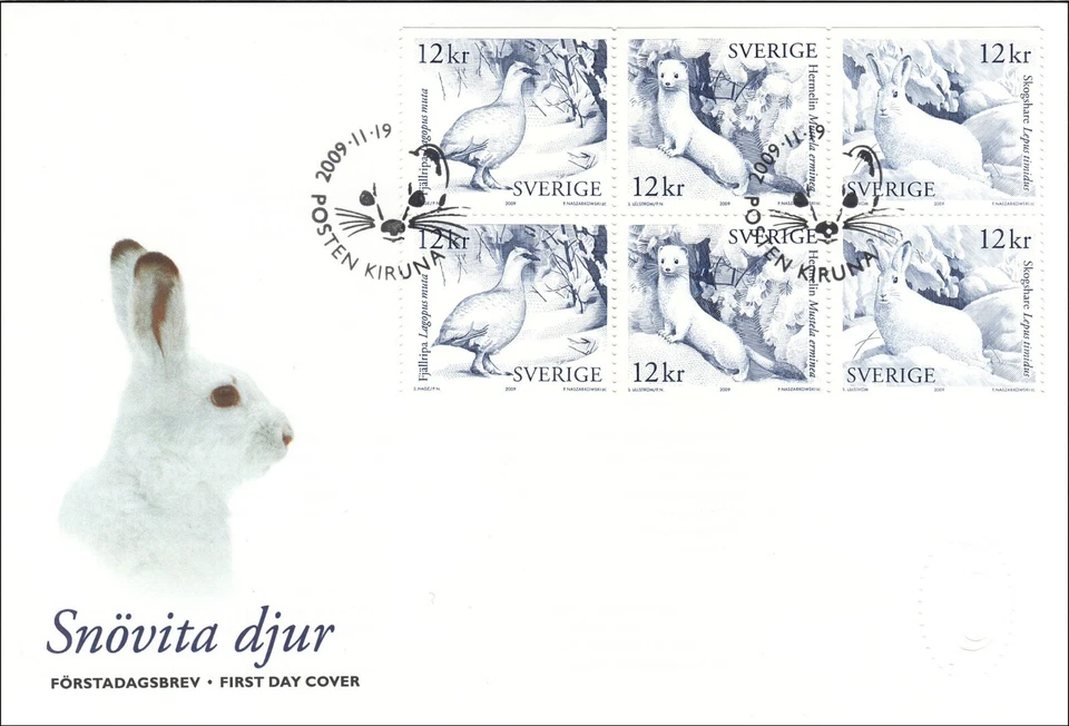 Bunny Rabbit Winter Mountain Hare Hermelin Willow Ptarmigan Sweden Mint FDC 2009 - Image 1 of 1