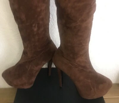 Stivali donna alti coscia UK 5 marroni peluche morbido velluto plateau stiletto zip nodo - Immagine 1 di 4