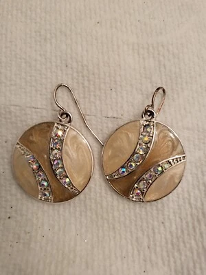 Kenneth Cole Silver Tone Brown Enamel Earrings Signed KC Drop Dangle Round New - Image 1 of 4