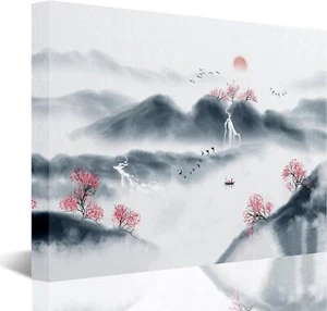 Ink Landscape Canvas Wall Decor Mountain Artwork for Living Room Bird Prints - Picture 1 of 6