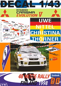 DECAL 1/43 MITSUBISHI CARISMA GT EVO V UWE NITTEL R.FINLAND 1998 DnF (02) - Imagen 1 de 1