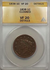 1838 Large Cent 1C Coin ANACS VF 20 Details Cleaned (B)