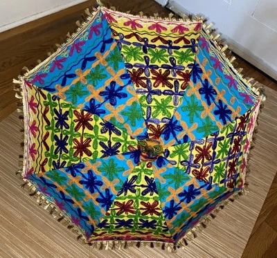 Boho Embroidered Parasol Umbrella Sun Shade Wood Handle Colorful Fringe - Image 1 of 4