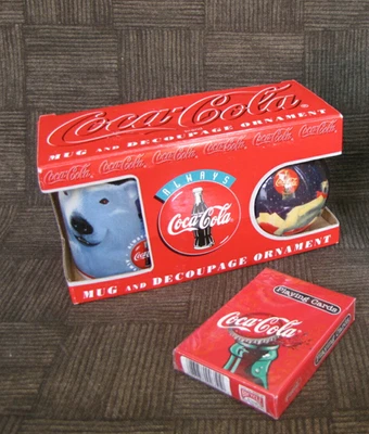 Coca Cola CHRISTMAS Gift Set - 1996 Mug & Decoupage Ornament Set / Playing Cards - Image 1 of 4