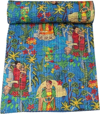 Indian Bedding Cotton Kantha Quilt Coverlet Blanket Frida Kahlo Print Throw - Image 1 of 4