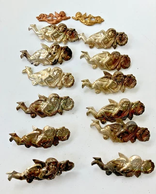 Lot 14 Vintage Metal Cherubs Angels Pull Back Curtain PinBacks Detail VERY OLD - Image 1 of 4