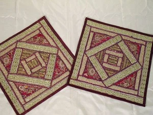 2 Zardozi Maroon Indian Maroon Patchwork Beaded Throw Pillow Covers Shams 16" - Picture 1 of 1