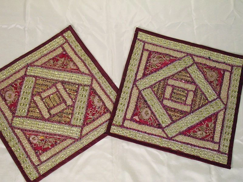 2 Zardozi Maroon Indian Maroon Patchwork Beaded Throw Pillow Covers Shams 16" - Image 1 of 1