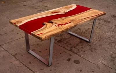 RED dining epoxy resin table, walnut wood Desk glowing for home & garden Deco - Image 1 of 4