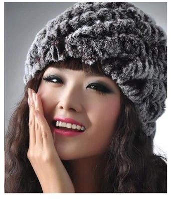 Real natural genuine knitted rex rabbit fur hat women's Winter Warm Hats ladies - Image 1 of 4