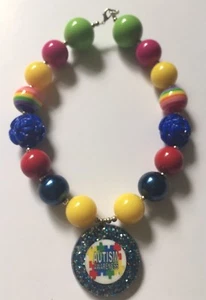 New! Autism Awareness Necklace Custom Made Beaded 16 in Yellow Blue - Picture 1 of 9