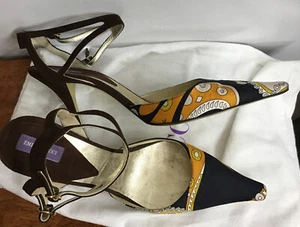 Emilio Pucci Pointed Toe Ankle Strap Print Satin Toe  Pump Brown Suede Heel 39 - Picture 1 of 10