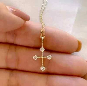 2CT Round Cut Lab-Created Diamond Cross Women's Pendant 14K Yellow Gold Finish - Picture 1 of 4