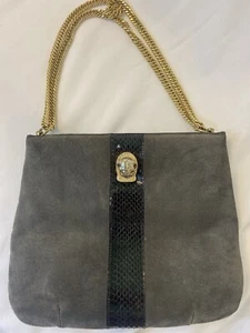 Ruth Saltz grau Wildleder Handtasche goldfarben Pantherkopf Kettenglied Griff Vintage - Bild 1 von 8