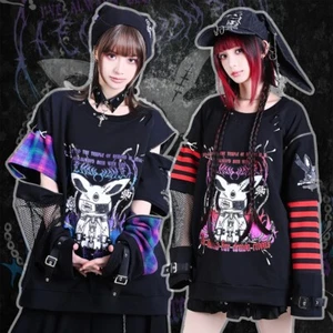 Kawaii punk grunge Ahriman rabbit tartan striped cut-out sleevelet tee JJ2504 - Picture 1 of 10