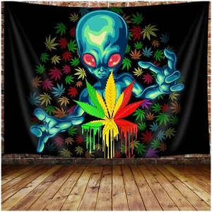 Cool Tapestry for Men Trippy Alien Stuff Marijuana Leaf Tapestry Wall Hanging - Picture 1 of 7