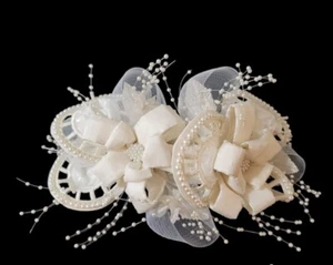 Vintage Bridal Headpiece Off White Raw Silk Fabric Flowers Faux Pearls Comb - Picture 1 of 8