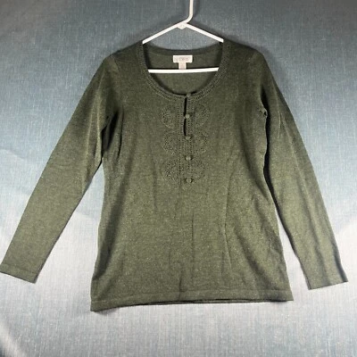 Ann Taylor Loft Womens Henley Sweater Size S Olive Green Wool Embroidered Knit - Image 1 of 4