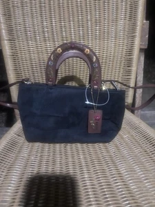 Relic Handbag Black Suede Brown Leather Handles Purse Embroidered Flowers Cute - Picture 1 of 15