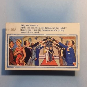 Comic Postcard 1948 Donald McGill Bride Barmaid Beer Bottles Arch - Picture 1 of 2
