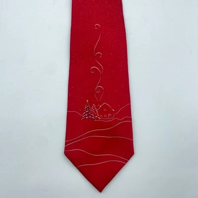 FROM SANTA Mens Tie Red Christmas Silk 3.75x59 Holiday House Tree Scene - Image 1 of 4