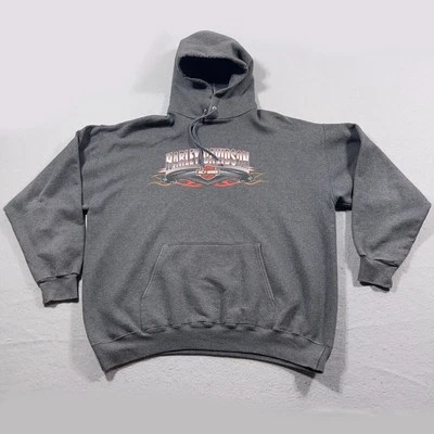 Vintage Harley Davison Hoodie Men XL Gray Pullover Flames Logo Y2K - Image 1 of 4