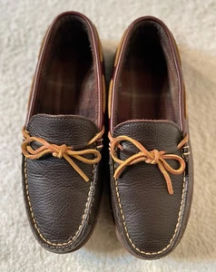 Zapatillas de mocasín forradas de franela de cuero marrón cosidas a mano LL Bean para hombre 7 M - Imagen 1 de 12