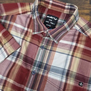 KAVU Men's Short Sleeve Button Up Red White Plaid Size Medium Lightweight  - Picture 1 of 8