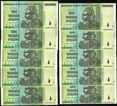 10 万亿美元津巴布韦 x 10 纸币 AA 2008 二手 - 100% 正品 + 正品证书 — 第 1/3 张图片