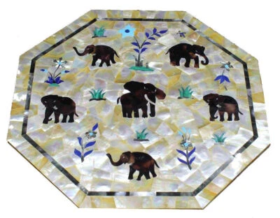 Table basse marbre 18" incrustation nacre éléphant art cuisine déco - Photo 1/4