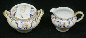 OLD NORITAKE HAND PAINTED PORCELAIN CREAMER & SUGAR SET, ROSES, BLUE & GOLD TRIM - Picture 1 of 7