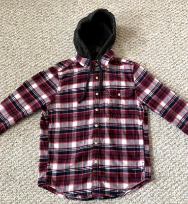 American Eagle Outfitters Mens Red Navy White Plaid Hooded Flannel Size S - Image 1 of 4