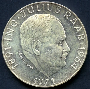 1971 Austria 50 Schilling Julius Raab 80th (20 Grams .900 Silver) KM 2911 - Picture 1 of 2