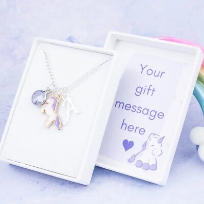 Collar Unicornio Púrpura, Inicial y Piedra Natal, Regalo Hija, Joyería Niños Foto 1 de 4