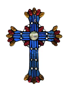 BEAUTIFUL STAINED GLASS WINDOW PANEL CROSS TIFFANY STYLE VICTORIAN SUNCATCHER - Picture 1 of 6