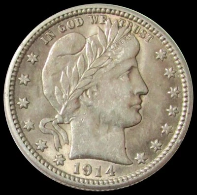 1914 SILVER BARBER QUARTER 25C COIN ABOUT UNCIRCULATED COIN - Image 1 of 2