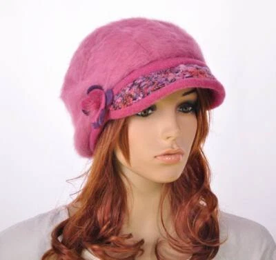 M140 Pink Rabbit Fur Wool Brim Hat Women's Winter Beanie Newsboy Cap New - Image 1 of 4